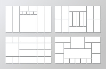Photo template portfolio collection. Mosaic pictures frame set. Moodboard images background layout collage. Album brandboard grid. Gallery banner. Abstract forms. Vector illustration