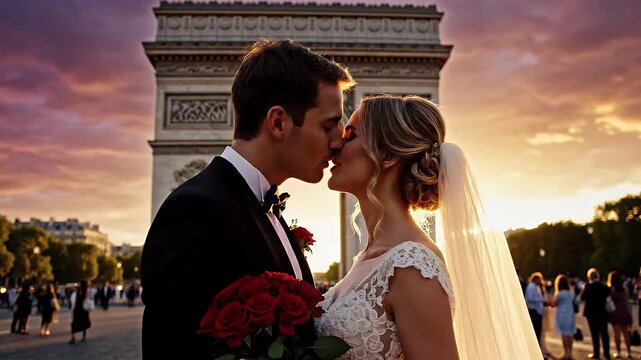 Parisian Wedding Kiss at Sunset - A bride and groom share a kiss in front of the Arc de Triomphe in Paris at sunset.