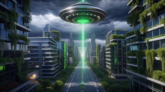 Futuristic Sci-Fi City with UFO Encounter: Green-Integrated Buildings Under Hovering Craft Emitting Bright Green Light Beam