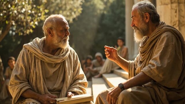 Two ancient philosophers engaged in deep discussion, sharing wisdom and knowledge in a classical setting, symbolizing philosophy, teaching, and timeless intellectual dialogue.
