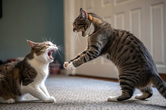 Two cats meowing and fighting