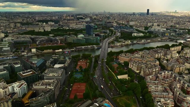 Paris, France - 25.07.2025: Panoramic view of Paris. Aerial view of stadiums Le Parc des Princes and Stade Jean-Bouin in Paris