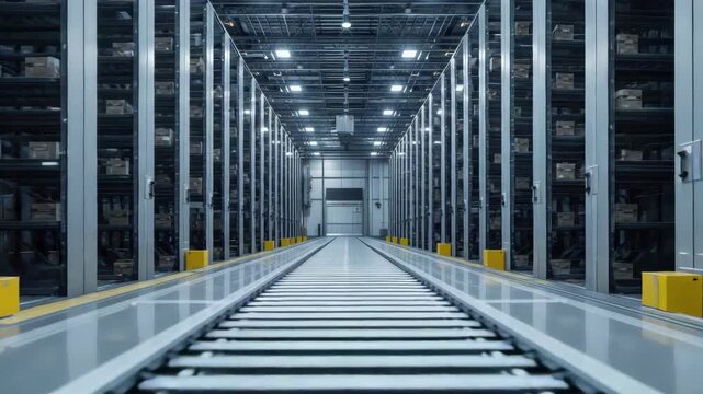 Automated warehouse aisle conveyor track with pallet storage rack and high shelving efficient