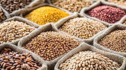 Obraz premium A variety of diverse seeds and grains arranged in neat rows within burlap containers displaying a rich array of natural food ingredients