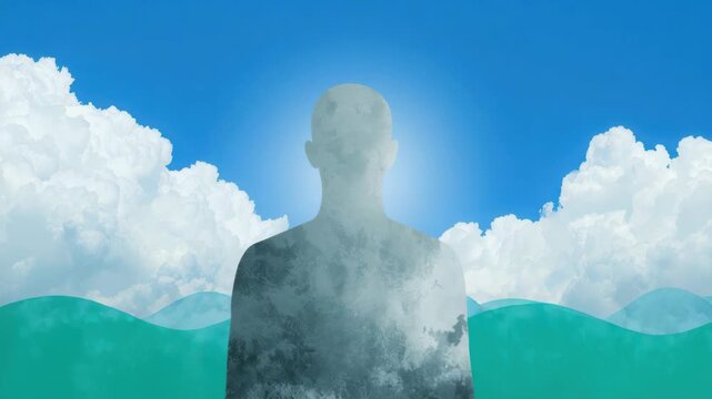 Silhouette figure and teal hills under clouded sky evoking calm introspection with cloudy texture