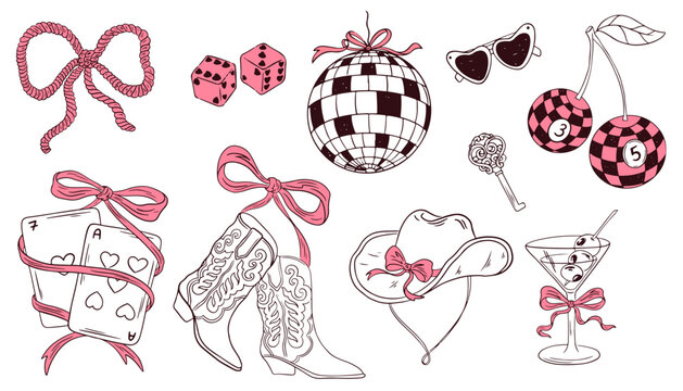 Hand drawn whimsical cowgirl set. Retro vintage texas line art western boot, hat, cherry, dice, disco ball, casino party. Vector coquette cute rodeo elements outline illustration
