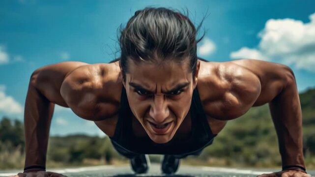 Muscular woman intense outdoor fitness strength workout push up showcasing determined expression