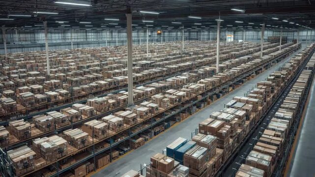 Large warehouse aisle with stacked cardboard boxes metal shelving and racks, busy inventory storage
