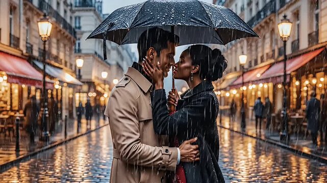 Romantic Couple in Paris Rain - A stylish couple stands under an umbrella in the rain on a Parisian street.