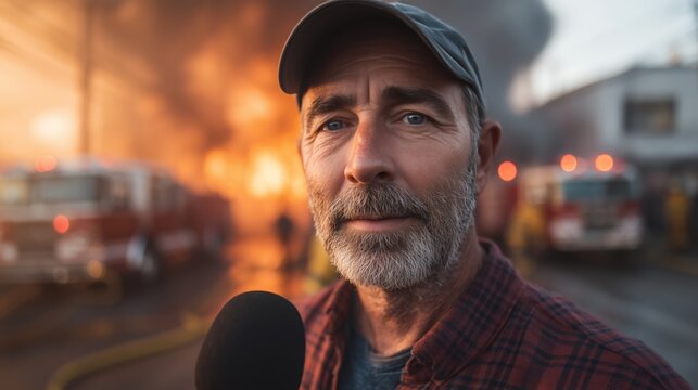 Journalist interviewing a man near burning houses and a fire truck. Adult male and reporter holding a microphone outdoors at an active fire scene, emergency response, breaking news coverage.