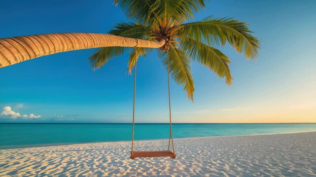Tropical palm swing beach sand sea ocean sunset sunrise peaceful serene vacation