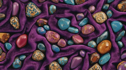 A vibrant collection of polished gemstones in varying shapes and sizes rests on a luxurious deep purple velvet fabric creating a visually rich display of natural mineral beauty