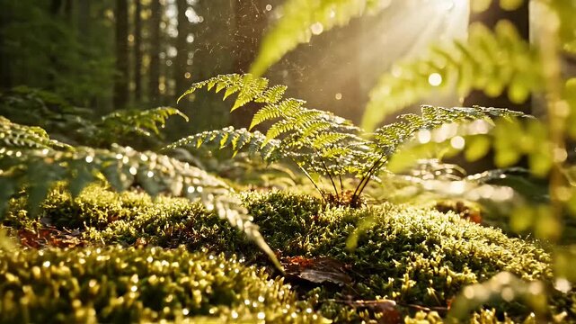Forest Floor Sunlight - A low angle shot shows moss and ferns on a forest floor. Sunlight filters through the trees in the background.