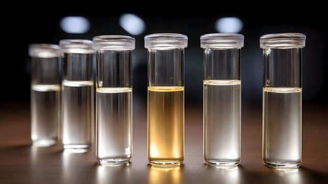 Laboratory test tubes filled with clear and colored liquids arranged in a row under studio lighting