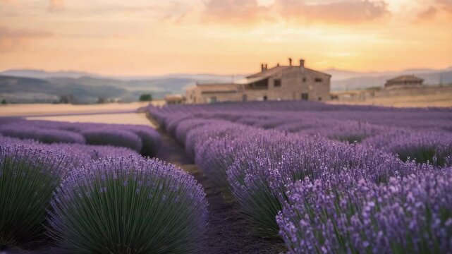 Lavender field rows leading to rustic farmhouse sunset calm purple sky and blooming rural landscape