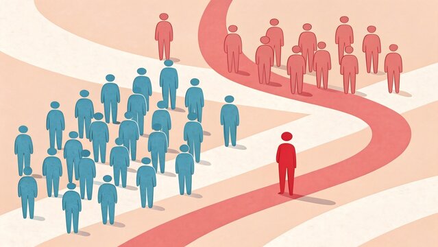 Abstract illustration of a red leader figure amidst a blue collective, navigating curvilinear pink and beige paths on a peach background. Symbolizes individuality, leadership, and group dynamics.