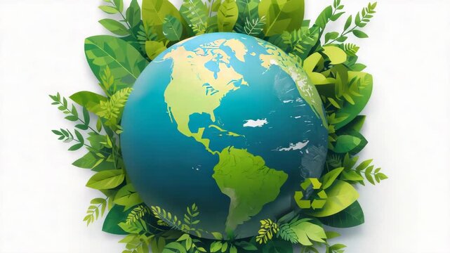 Earth globe surrounded by green leaves and foliage conveying environmental care ecology and hope