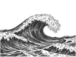 powerful stormy ocean waves, ideal for nautical, marine, or retro-themed design projects sketch engraving generative ai raster illustration. Scratch board imitation. Black and white image.