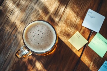 Refreshing pint of beer on a wooden table with sticky notes alongside