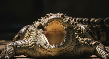 Fototapeta premium Alligator with jaws wide open, teeth showing, close-up shot, harsh lighting