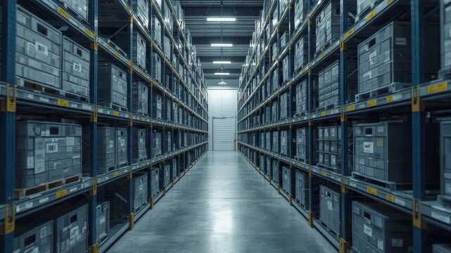 Industrial warehouse aisle with stacked storage box shelving and logistics cool industrial lighting