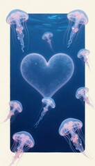 Surreal Valentine Card Design with Luminous Jellyfish and Dark Ocean Blue Atmosphere