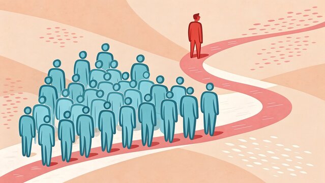 Abstract illustration of a red leader figure amidst a blue collective, navigating curvilinear pink and beige paths on a peach background. Symbolizes individuality, leadership, and group dynamics.