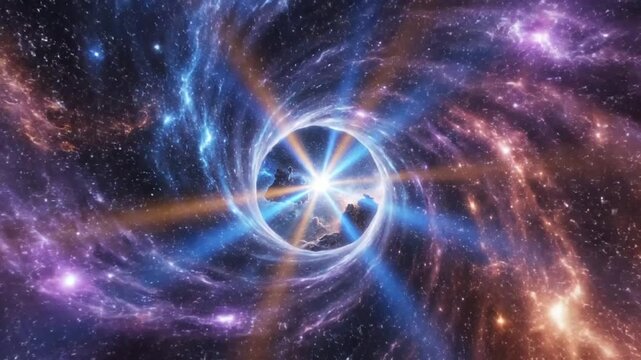 create a cinematic animated black hole portal scene with intense gravitational pull opening into a glowing alien world colorful cosmic light waves deep space setting ultra detailed full hd high resolu