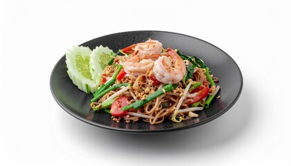 Phad Thai with Shrimp and Vegetables on Black Plate Isolated on White
