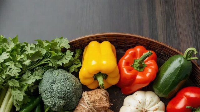 Fresh mixed vegetables and herbs woven basket colorful bell pepper yellow pepper red pepper green