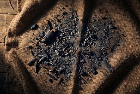 Scattered pile of black ash and burnt wood charcoal pieces on a rustic brown burlap sackcloth surface