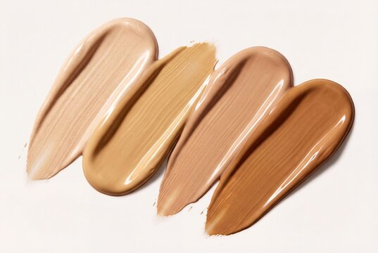 Four distinct swatches of liquid foundation in warm beige and caramel tones