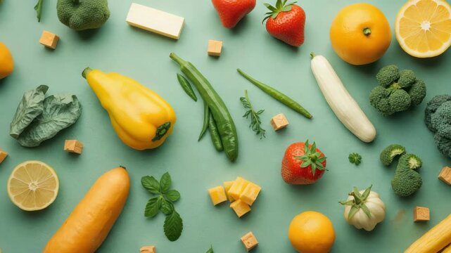 Yellow bell pepper strawberry broccoli lemon squash zucchini flatlay with fresh herbs and cheese