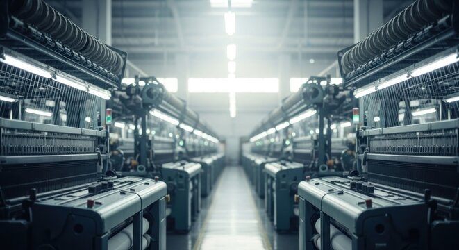 Industrial textile machinery rows fade to a bright horizon light source