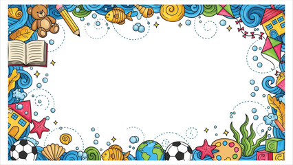 Obraz premium Vibrant kids' illustration border with toys and school supplies