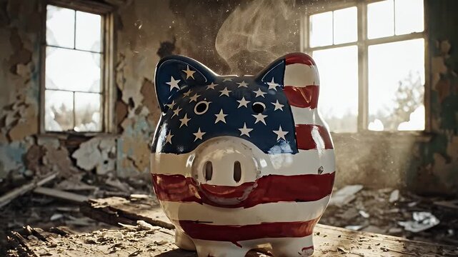 Eroding American Savings - An American flag themed piggy bank sits on a dilapidated wooden surface in an abandoned building.