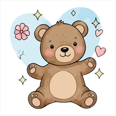 Obraz premium Cute brown teddy bear with heart and flowers