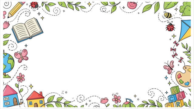 Vibrant educational border with cartoon illustrations for kids