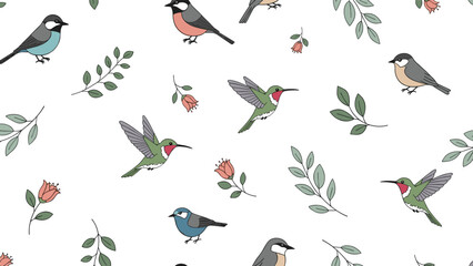 Fototapeta premium Seamless pattern design featuring various small birds hummingbirds flowers and green leaves scattered on a clean white background.