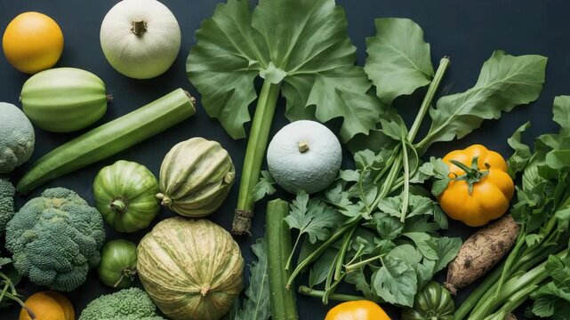 Green pumpkin squash leafy green broccoli zucchini cucumber assortment with rustic herbs