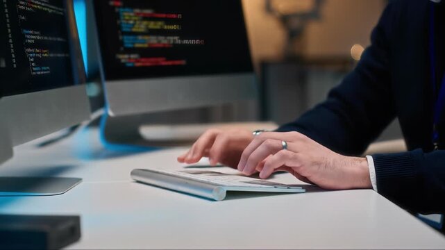 Close-up of unrecognizable male programmer hands coding on computer with wireless keyboard and three monitors