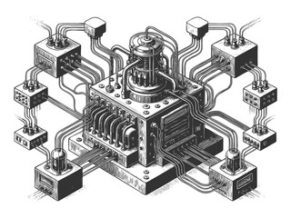vintage mechanical device connected to numerous wires, switches, and control boxes in all directions sketch engraving generative ai raster illustration. Scratch board imitation. Black and white image.