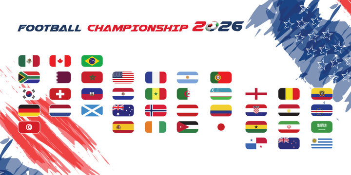 2026 Football " Soccer" World cup with Flags of the participating national teams, Co-Host Flags of USA "America", Canada, and Mexico. banners with red green blue shapes for world cup 2026 background