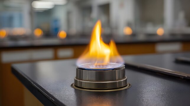 Close up of a Bunsen burner flame in a science laboratory