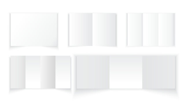 White A4 Accordion Fold Brochure Mockup Set with Bi-Fold, Tri-Fold and Four-Fold Layouts, Vertical and Horizontal Paper Booklet Presentation Template