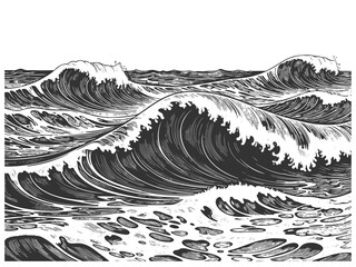 powerful stormy ocean waves, ideal for nautical, marine, or retro-themed design projects sketch engraving generative ai raster illustration. Scratch board imitation. Black and white image.