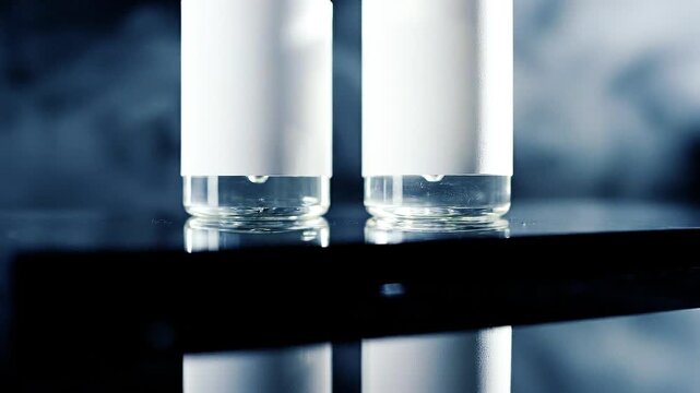 Close Up of Two Clear Glass Bottles with White Labels on Dark Reflective Surface