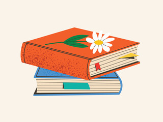 Stack of books with flowers, flower decorations for literary