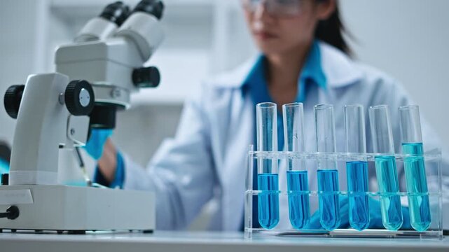 Scientist,Beautiful young woman scientist in laboratory working.female scientist doing some research.report and writing medical results,medicine documents in laboratory for healthcare,science review