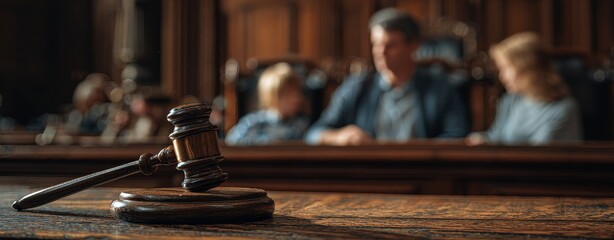 Obraz premium Family law custody hearing decision in courtroom with judge gavel | child custody justice scene